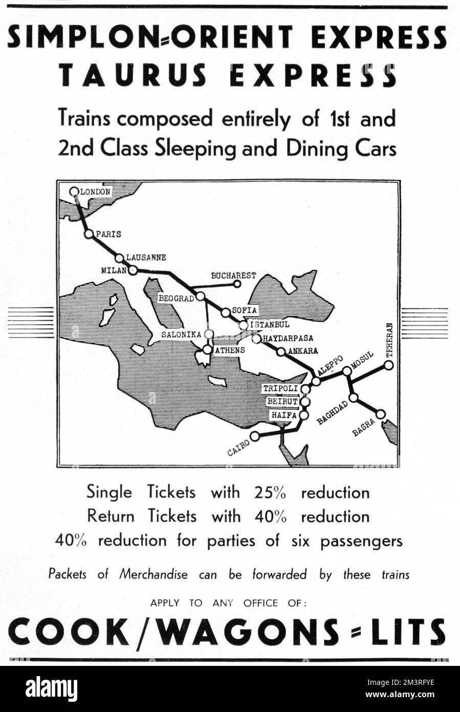 Anuncio para el Simlon-Orient Express y el Taurus Express. El anuncio muestra la ruta entre Londres y Estambul y también las rutas de Haydarpasha (Estambul) a El Cairo, Basora y Teherán. Fecha: 1937 Foto de stock