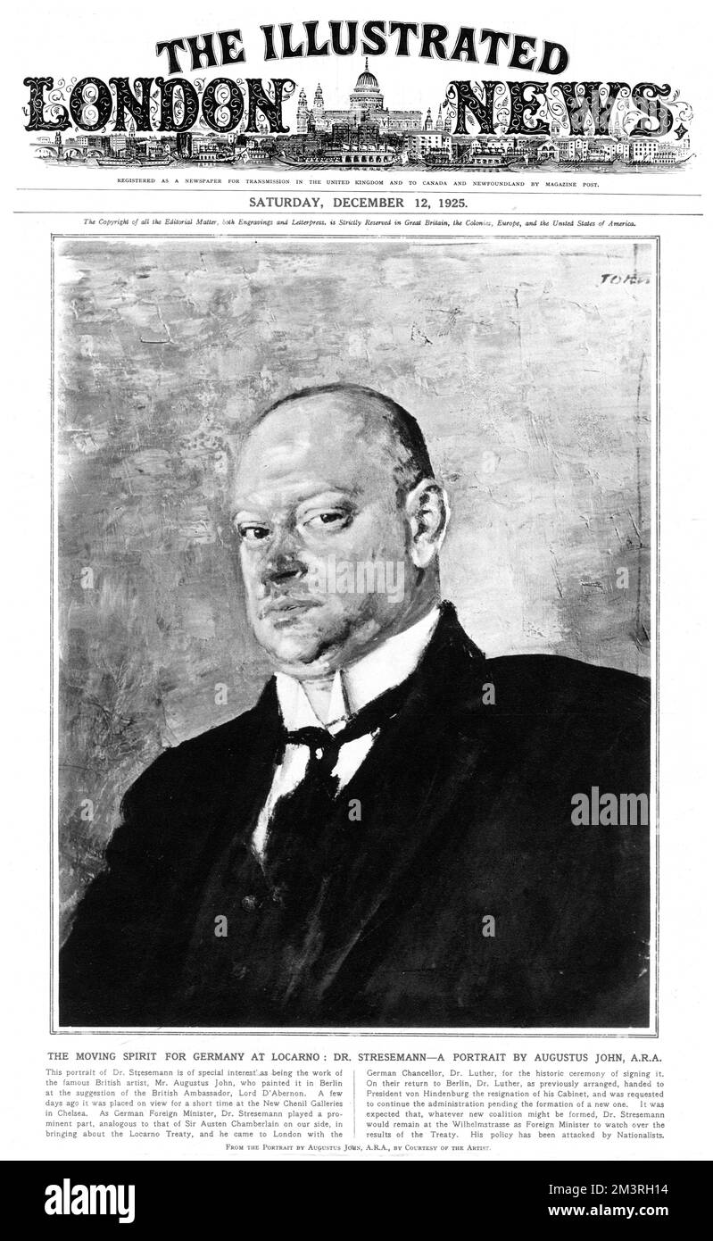 Portada de la edición del 12 de diciembre de 1925 de The Illustrated London News, que muestra un retrato de Gustav Stresemann (1878 1929), quien sirvió brevemente como Canciller de Alemania en 1923 y Ministro de Asuntos Exteriores durante la República de Weimar de 1923 a 1929. Fecha: 1925 Foto de stock