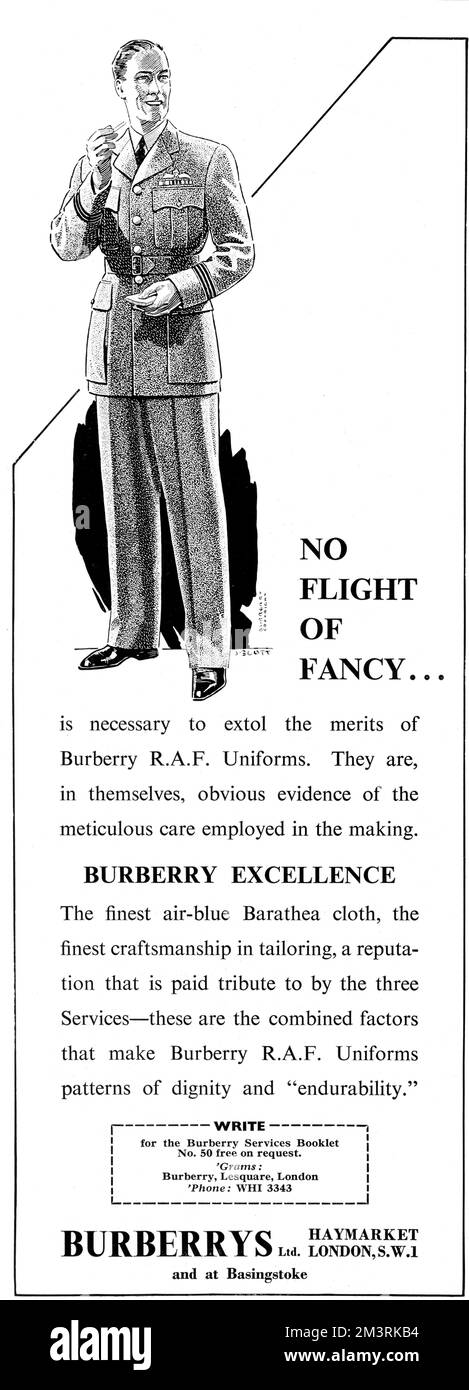 Este anuncio en tiempos de guerra se jacta de la “dignidad y peligrabilidad” de los uniformes R.A.F. de Burberry. 1940 Foto de stock