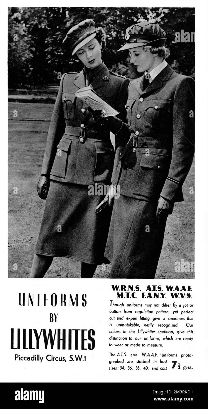 Lilywhite de Piccadilly Circus, Londres, anuncian sus uniformes de servicio femenino. 1940 Foto de stock