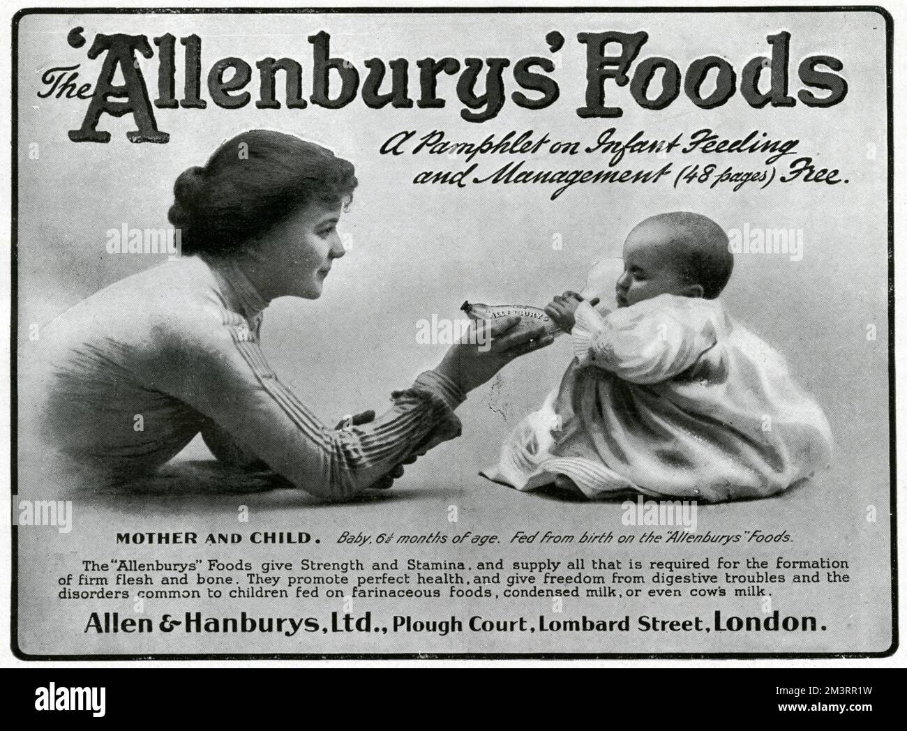El biberón 'Allenburys' alimenta a los bebés desde el nacimiento dándole fuerza y resistencia a los bebés. Fecha: 1905 Foto de stock