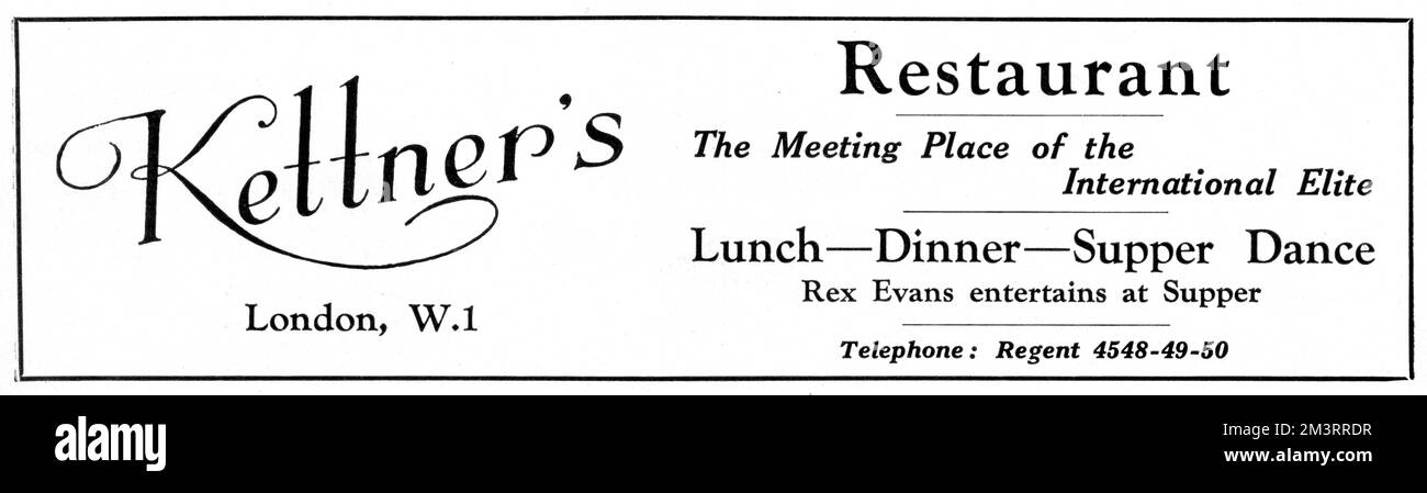 Anuncio para el famoso restaurante Kettner's, “el lugar de encuentro de la élite internacional”. Rex Evans en la cuenta como entretenimiento de la cena en 1930. 1930 Foto de stock