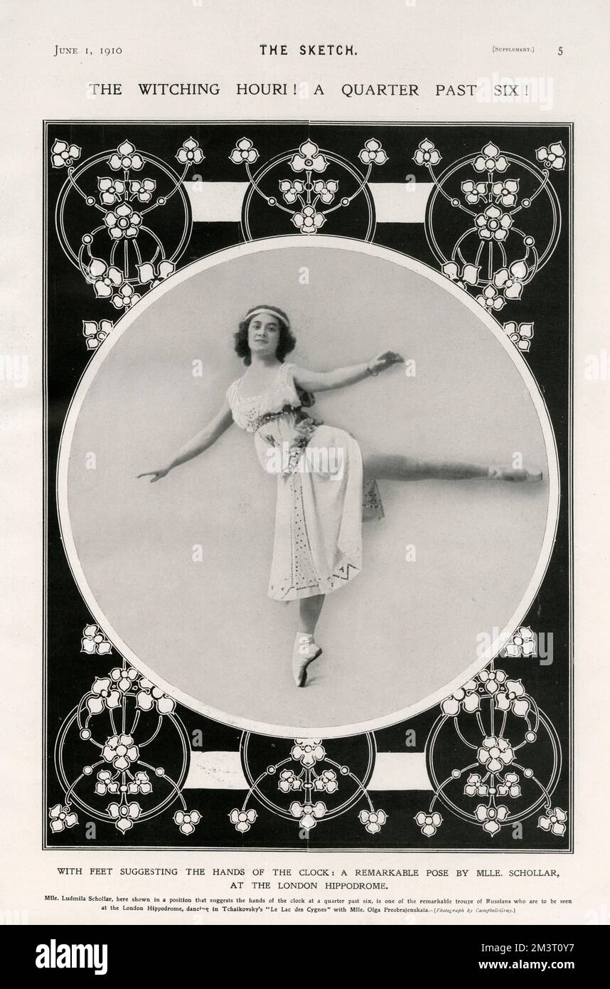 ¡El brujo Houri! ¡Las seis y cuarto! Una notable pose de la bailarina rusa Mlle. Ludmila Schollar en el Hipódromo de Londres en 'Les Lac des Cygnes' de Tchaikovsky. Foto de stock