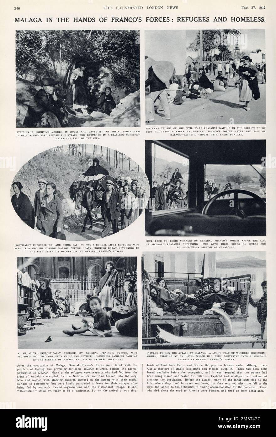 Málaga en manos de las fuerzas franquistas: Refugiados y sin hogar. Guerra Civil Española. Página de Illustrated London News, 27th de febrero de 1937. Foto de stock