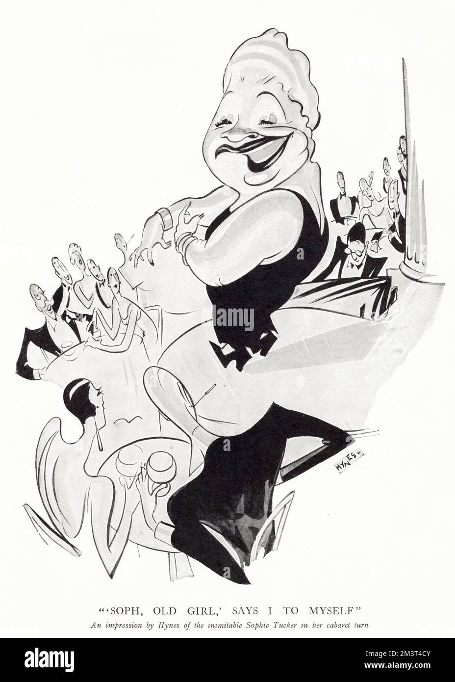 Fantástica caricatura de Hynes de la cantante de jazz y cabaret Sophie Tucker en pleno flujo en uno de los locales nocturnos de Londres. Foto de stock