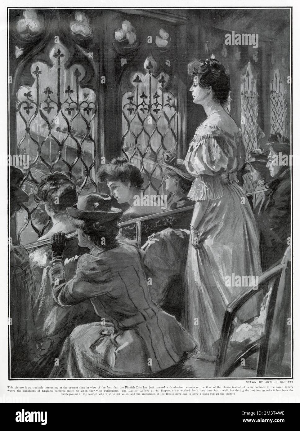 Las mujeres en el movimiento Suffragette se sentaron en la galería de arriba viendo los debates sobre los votos para las mujeres que tienen lugar a continuación. Foto de stock