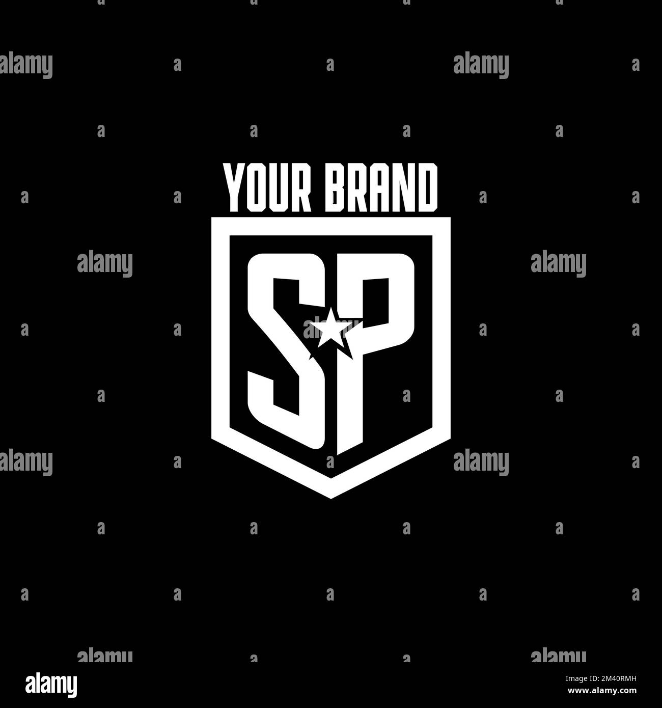 Logotipo inicial de SP para juegos con escudo e inspiración en el