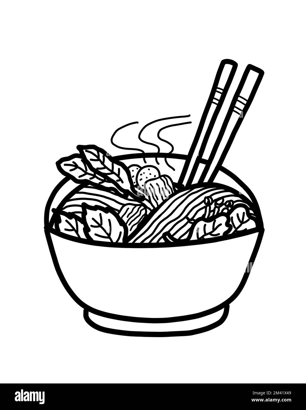 Sopa de fideos amarillos al estilo tailandés o vietnamita con carne y verduras en un tazón. Concepto de cocina de comida asiática saludable. Dibujo de línea en blanco y negro. Foto de stock
