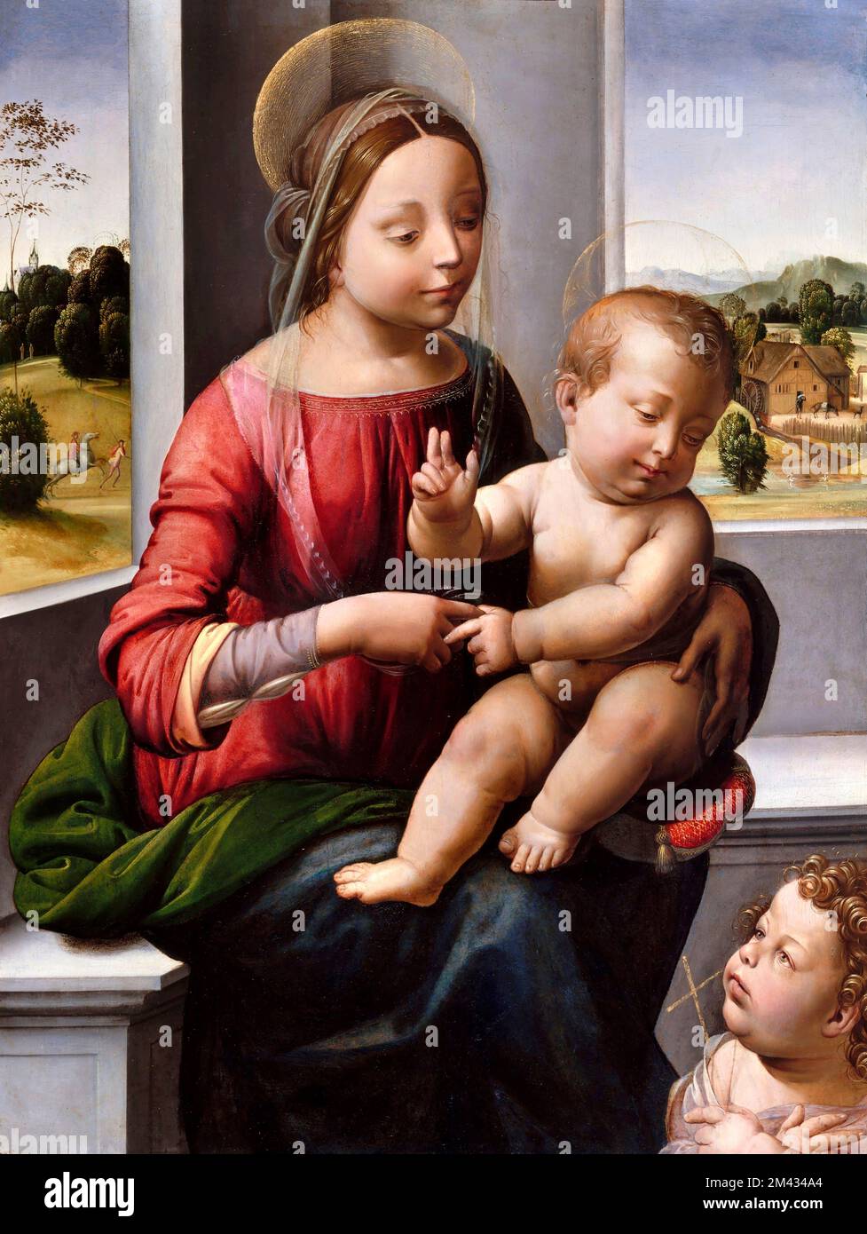 Madona y el Niño con el Joven San Juan Bautista por Fra Bartolomeo (1472-1517), óleo y oro sobre madera, c. 1497 Foto de stock