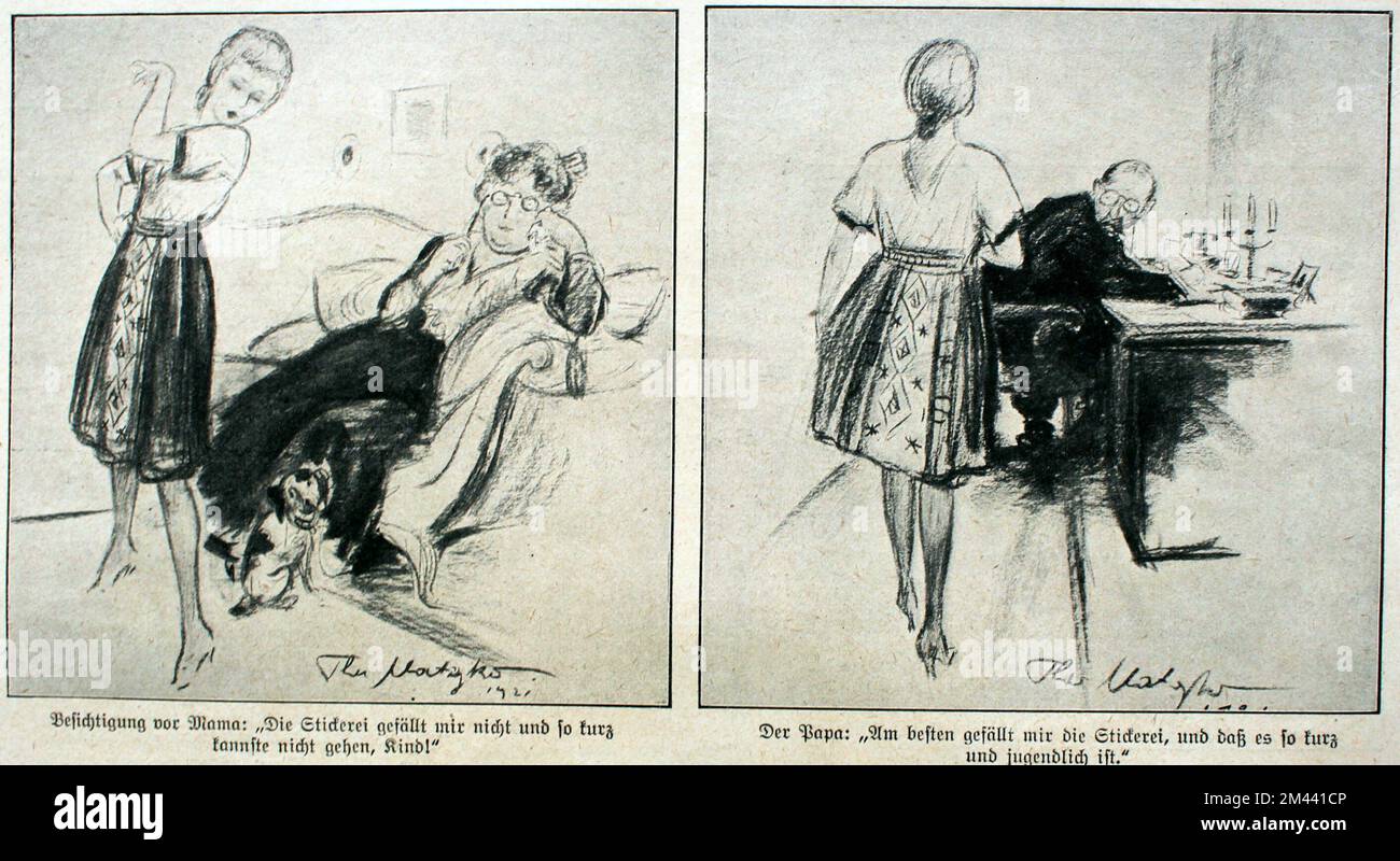 Karikatur von Theo Matejko (1893-1946) von 1921 zur unterschiedlichen Auffassung beider Elternteile über die neue Mode der Tochter im Backfischalter. Foto de stock