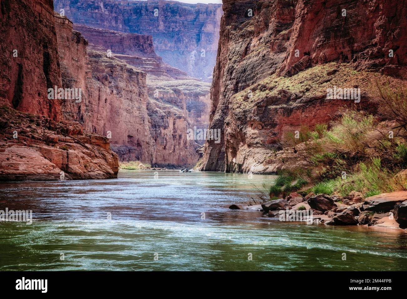 Rafting aguas abajo de la caverna de pared roja a lo largo del Río Colorado, el Gran Cañón, Arizona. Foto de stock