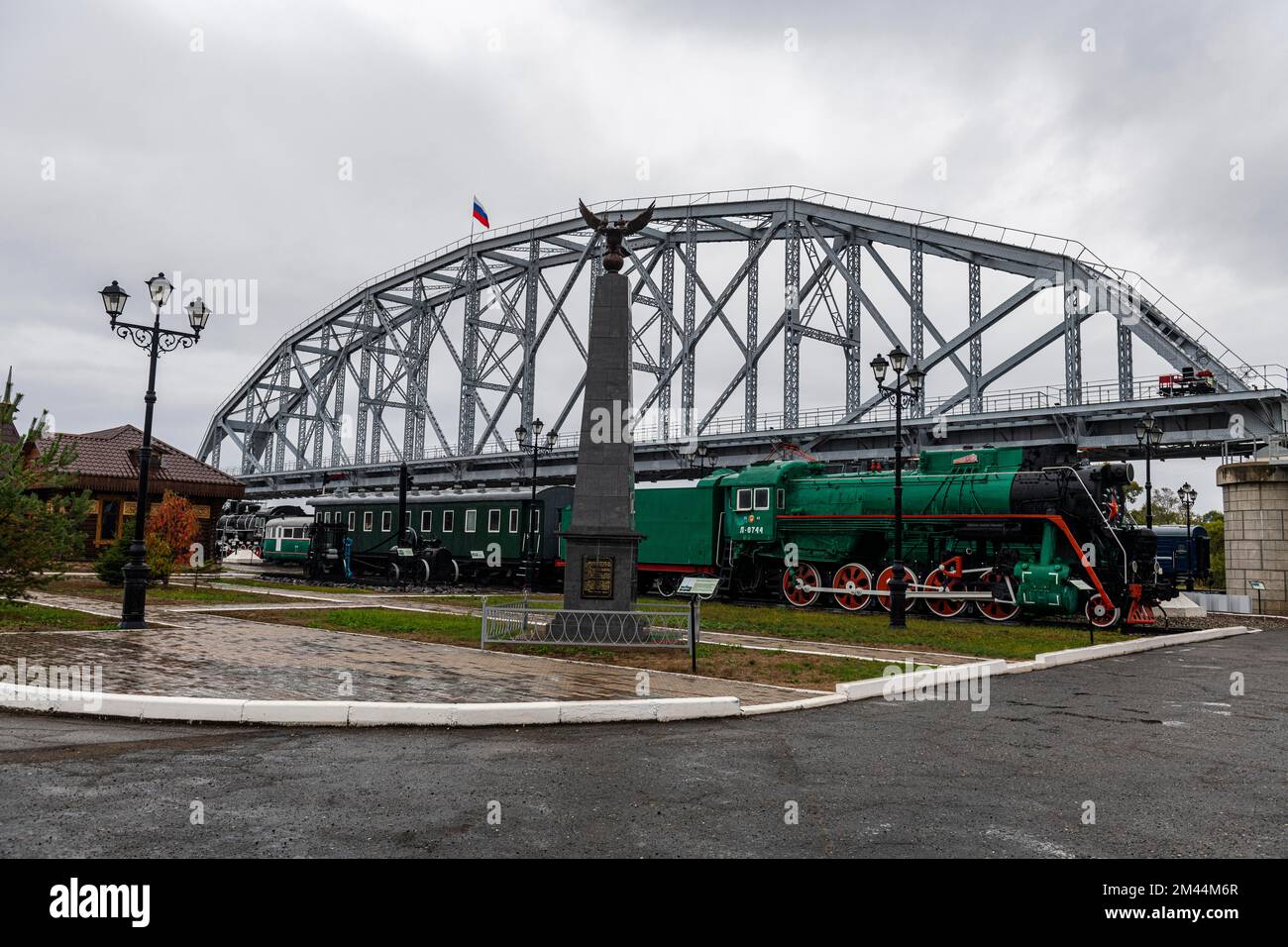 Antiguo tren de vapor, Museo del Ferrocarril Transiberiano, Khabarovsk, Khabarovsk Krai, Rusia Foto de stock