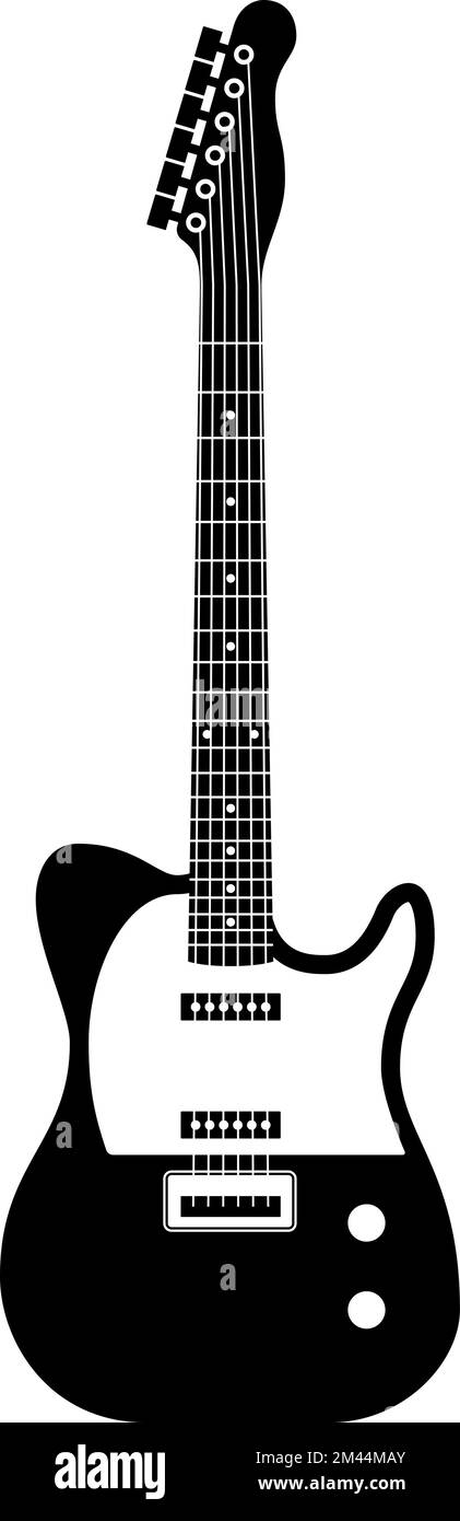 Silueta de guitarra. Instrumento musical clásico de cuerda en blanco y negro, objeto de rock eléctrico, grunge moderno o icono vintage, decoración de logotipo, vector Ilustración del Vector