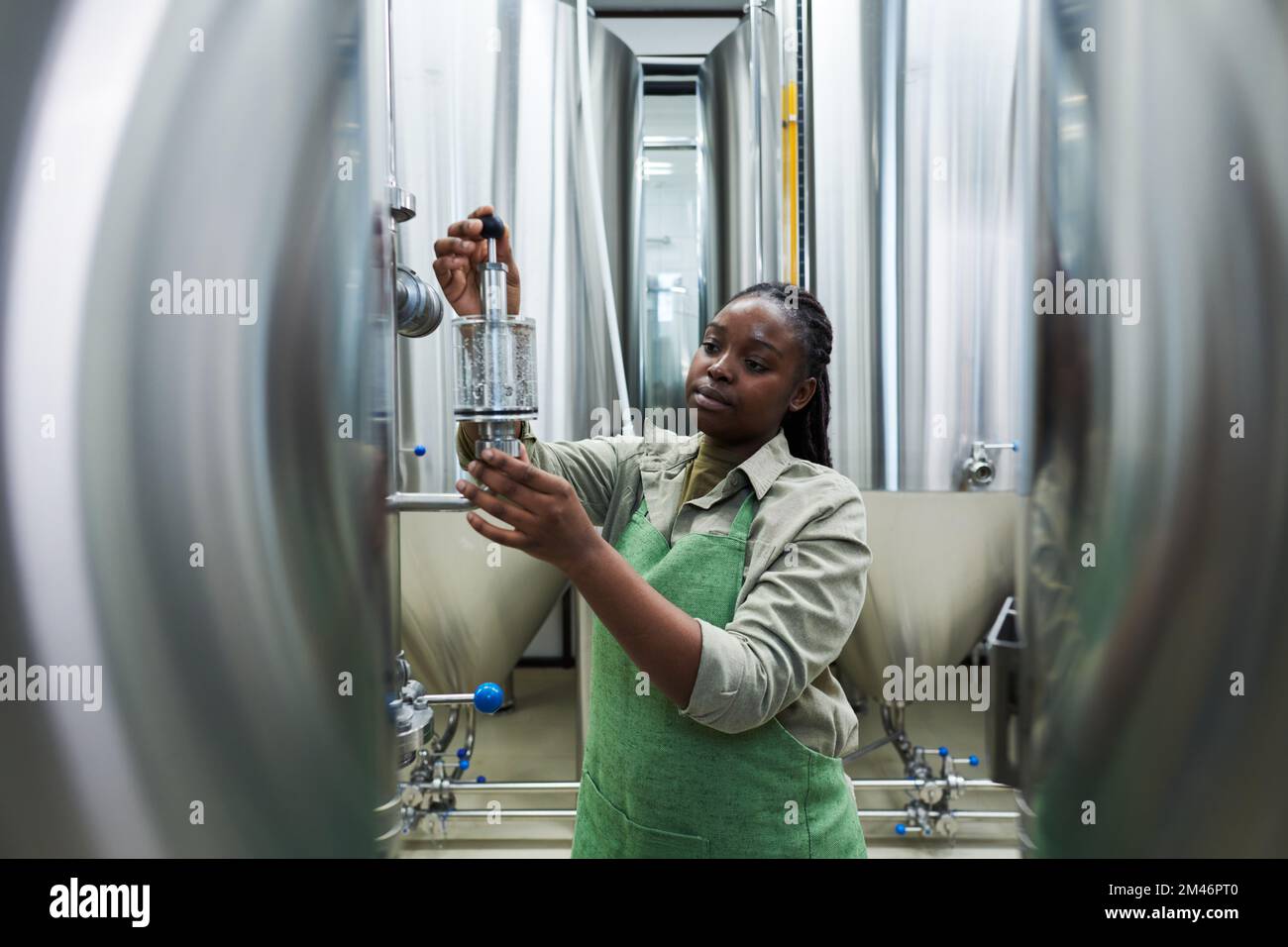 Mujer negra que trabaja en la fábrica de cerveza artesanal, comprobando el equipo de elaboración de cerveza Foto de stock