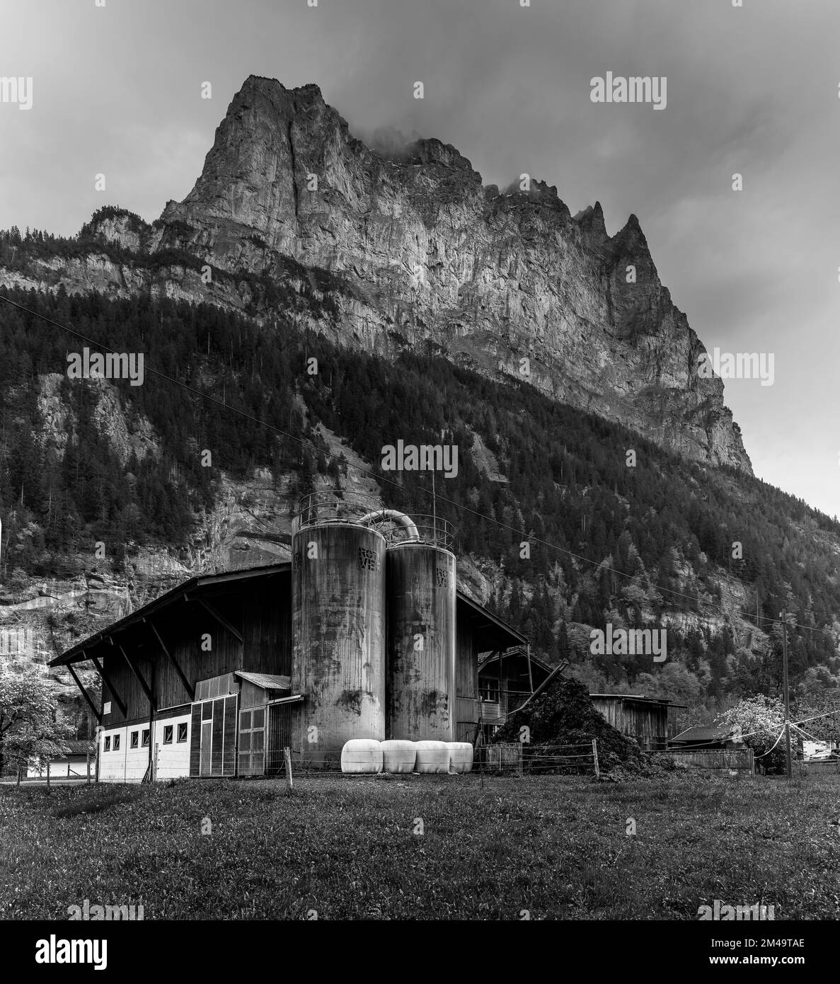 Una escala de grises de un edificio de la fábrica y el bosque en la montaña en un fondo Foto de stock