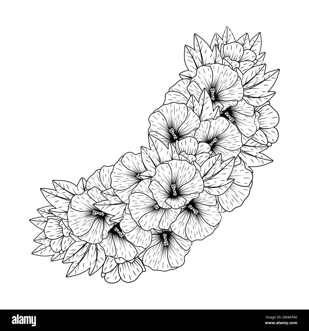 hollyhock flor doodle clip art página para colorear con ilustración de diseño de fondo de flor decorativa Ilustración del Vector