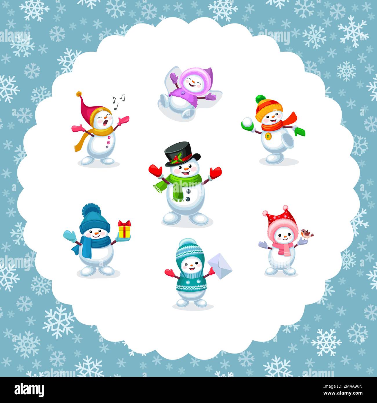 Lindo muñeco de nieve de dibujos animados en marco de copo de nieve. Vacaciones de invierno tema de la colección de elementos. Ilustración vectorial Ilustración del Vector