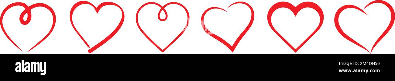 Juego horizontal para corazones de pincel de tinta. Símbolo del corazón. icono de corazón. logotipo con forma. romance, san valentín, san valentín, romántico, concepto, tarjeta, matrimonio, dos. Ilustración del Vector