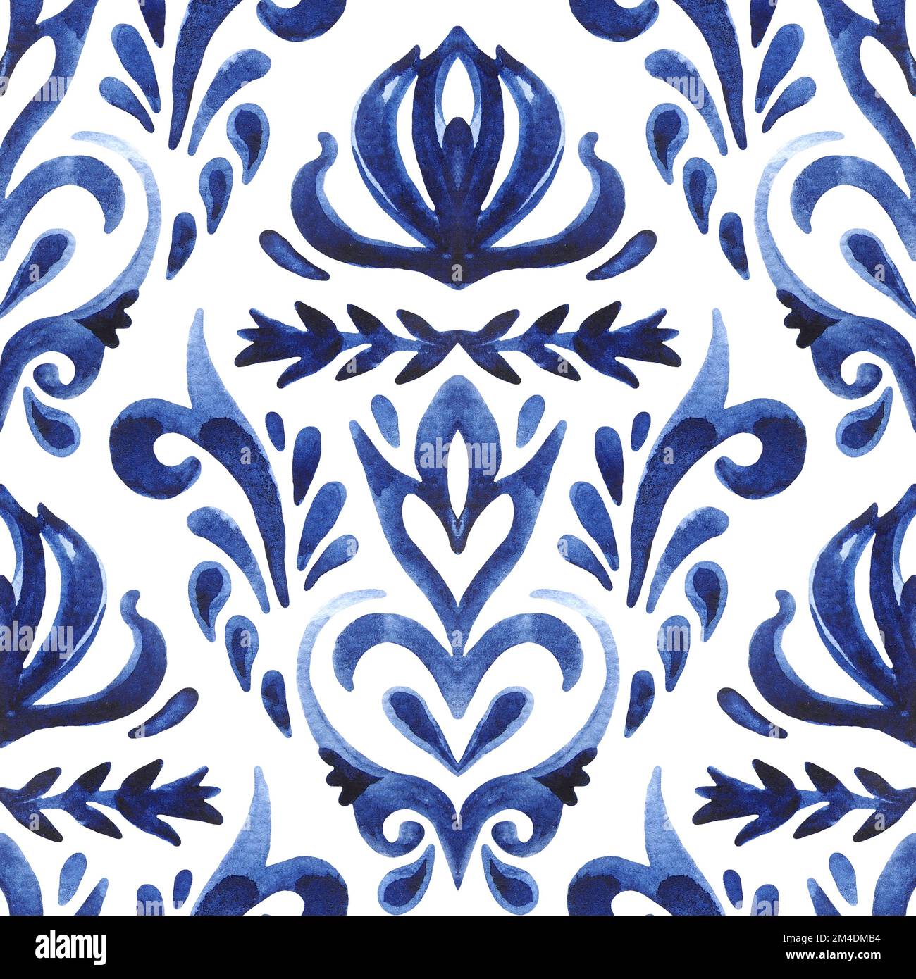 Patrón de azulejos de pintura arabesca acuarela ornamental sin costura damasco para decoración de telas y paredes. Foto de stock