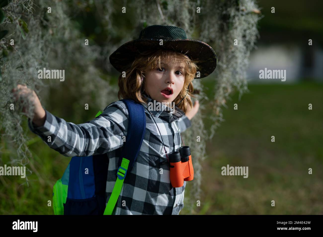 Niño explorador con sombrero y binoculares arriba de un árbol