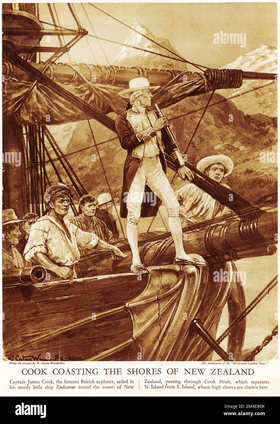 Semitono del capitán James Cook navegando por las costas de Nueva Zelanda, vistiendo un sombrero muy extravagante! De una publicación educativa en 1927. Cook hizo tres visitas a Nueva Zelanda en la década de 1700s Foto de stock