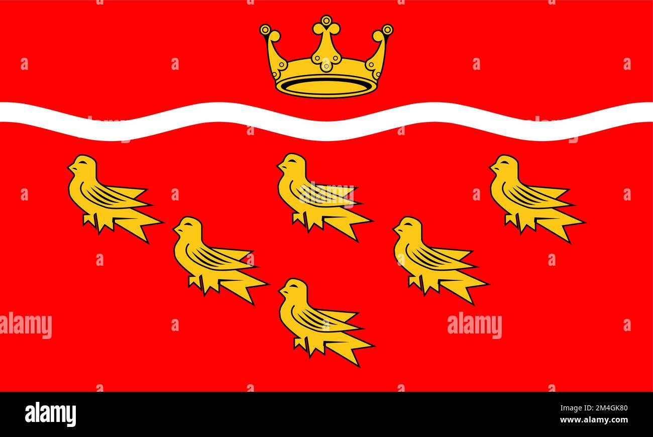 Bandera del condado ceremonial de East Sussex (Inglaterra, Reino Unido de Gran Bretaña e Irlanda del Norte, reino unido) corona y seis martlets de oro en un backgro rojo Ilustración del Vector