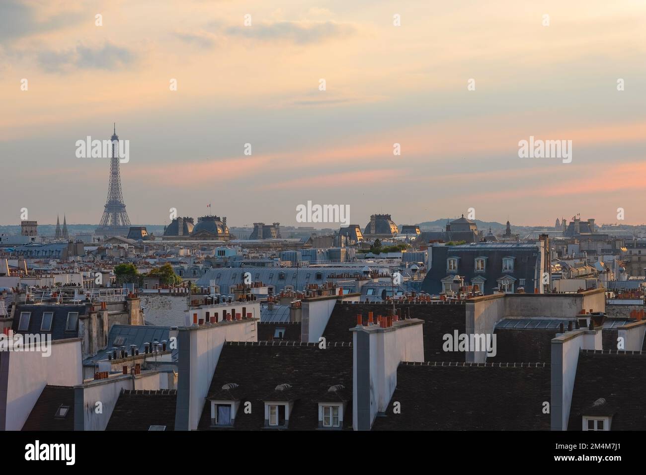 Vista de día de la ciudad de los tejados parisinos y la Torre Eiffel. Famoso punto de referencia, icono, destino turístico en París, Francia. Fondo horizontal, espacio de copia. Foto de stock