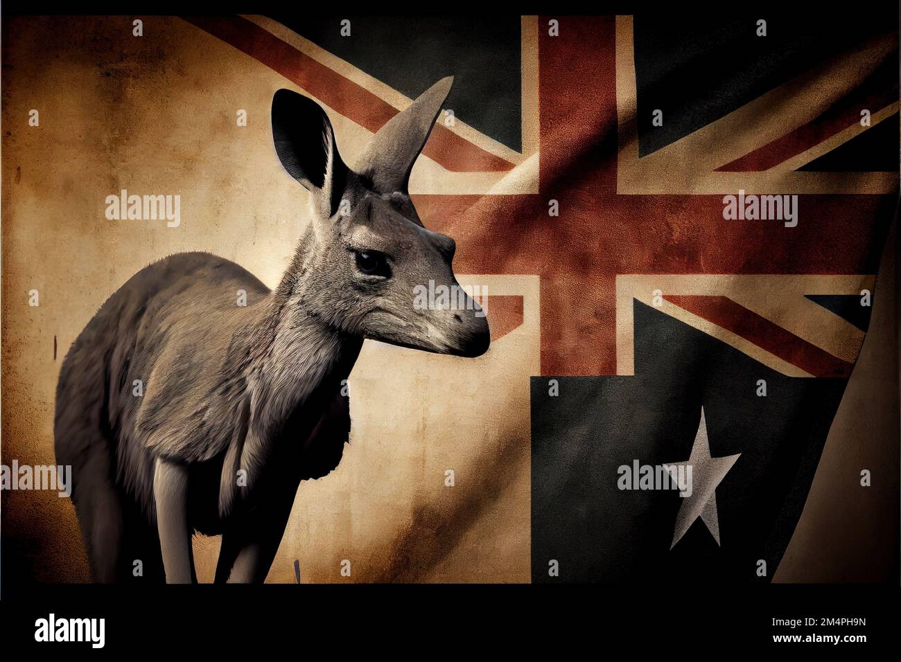 un canguro de pie frente a una bandera de australia con un animal como canguro en su pecho. . Foto de stock