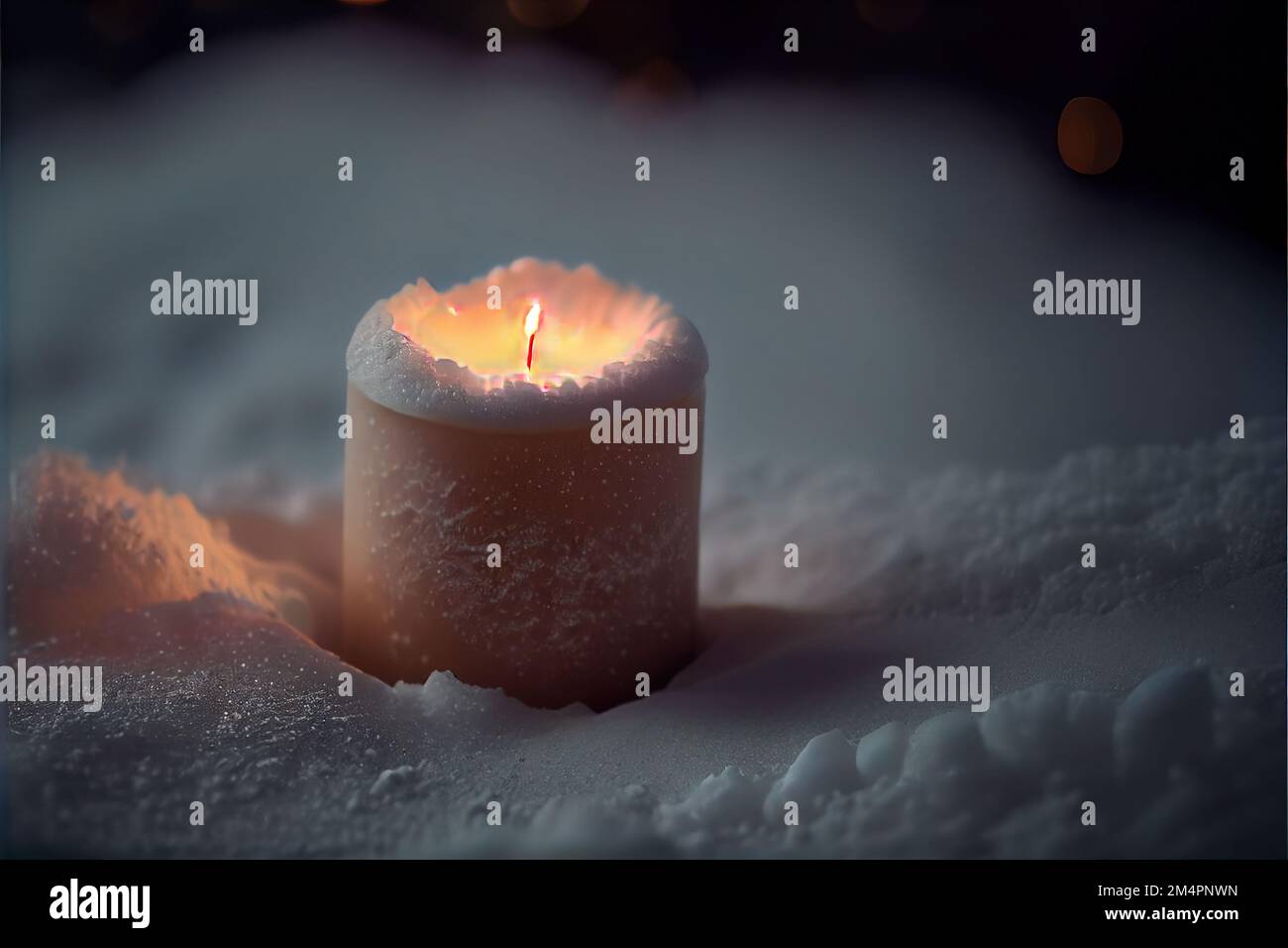 una vela encendida sentada en la parte superior de un suelo cubierto de  nieve con un fondo borroso de luces en el fondo Fotografía de stock - Alamy