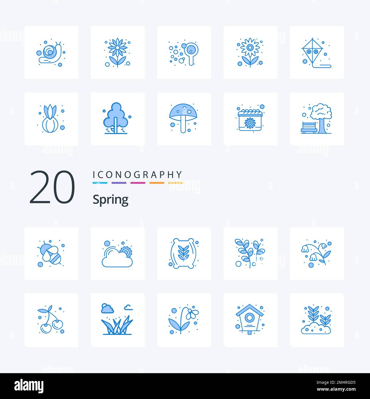 20 Paquete de iconos de color azul de primavera como jardín Comida de pascua sauce pascua Ilustración del Vector