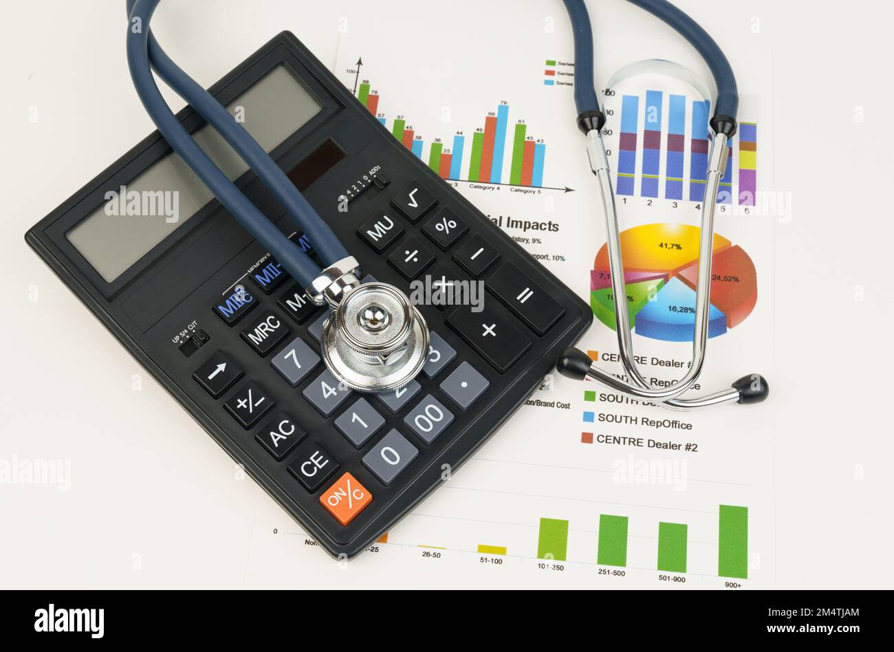 Estetoscopio y calculadora en tablas y gráficos. Finanzas, contabilidad