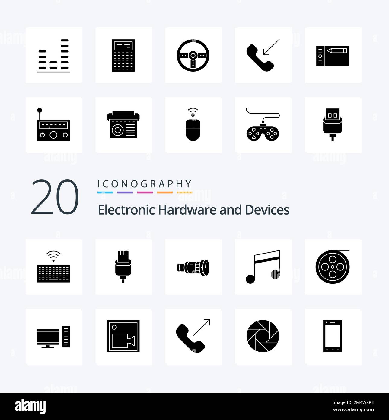 20 dispositivos Solid Glyph Icon Pack como cámara de música cam medios de  comunicación Imagen Vector de stock - Alamy