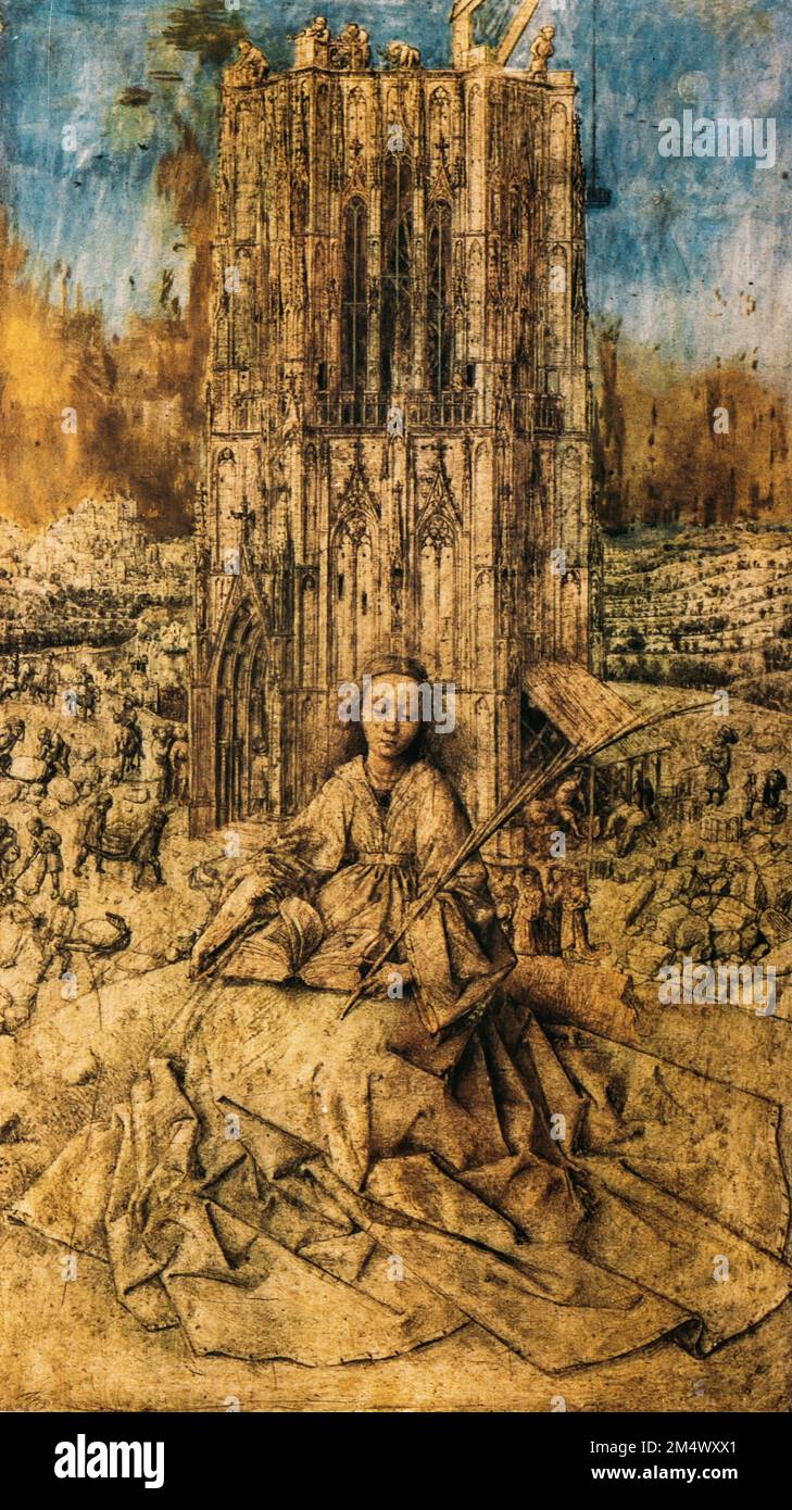 Jan Van Eyck, Santa Bárbara. Santa Bárbara es Un pequeño dibujo de 1437 sobre panel de roble, firmado y fechado en 1437 por el artista holandés Jan Van Eyck. Panel Foto de stock