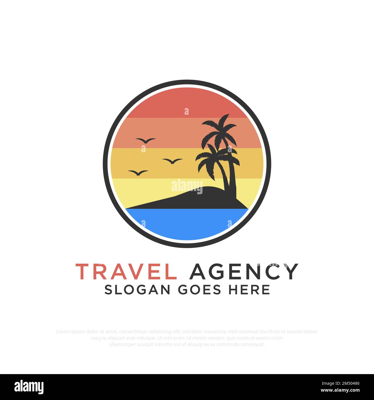 Diseño de logotipo de la agencia de viajes de la playa de la naturaleza con la plantilla de ilustración vectorial al aire libre de la playa de la puesta Ilustración del Vector