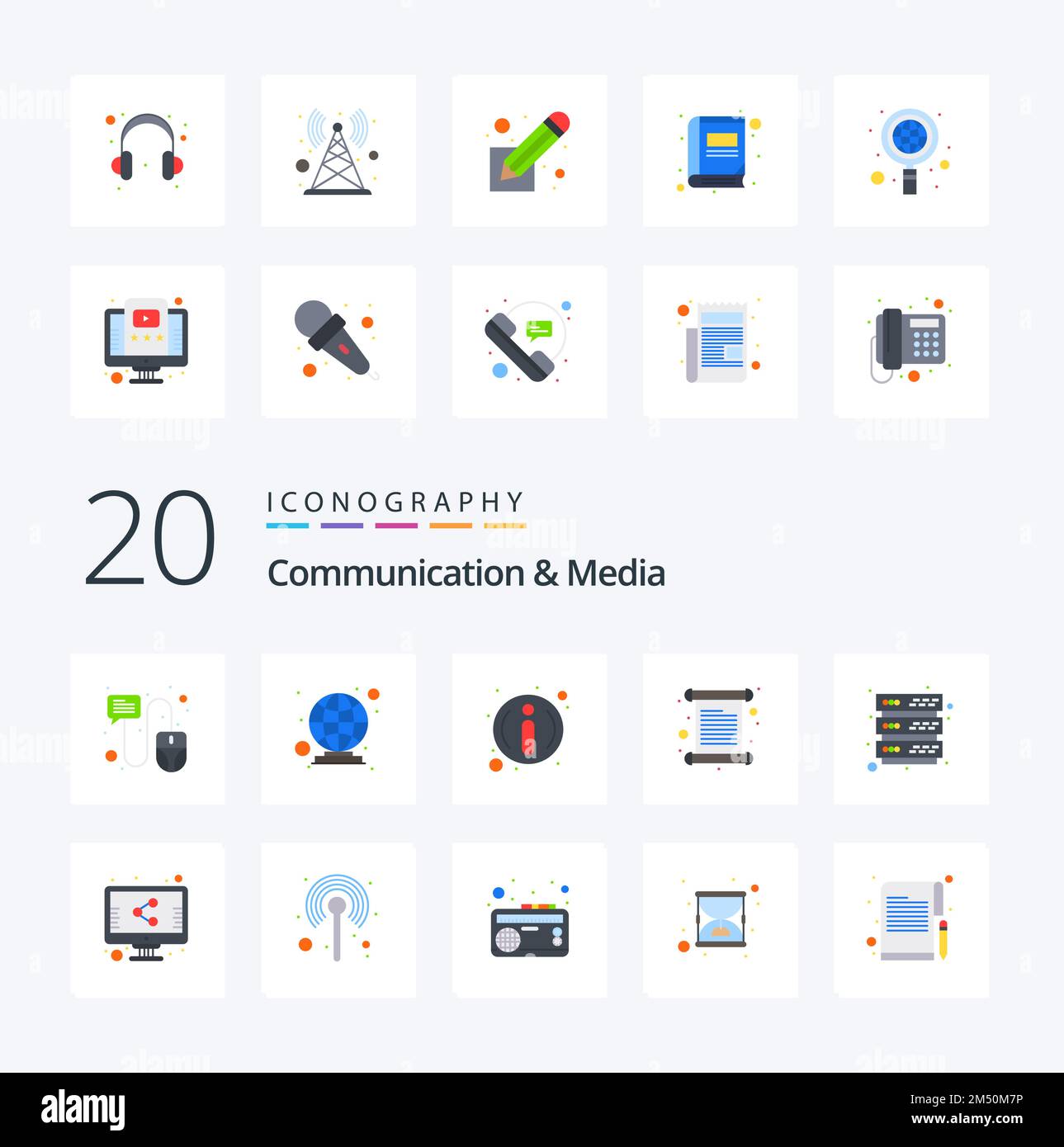 20 Comunicación y medios de comunicación Flat Color Icon Pack como base de  datos de almacenamiento faq invitación de factura Imagen Vector de stock -  Alamy