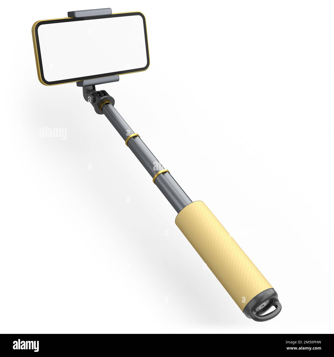 Smartphone realista con pantalla blanca en blanco y selfie stick dorado aislado sobre fondo blanco. 3D Representación de la plantilla del teléfono para hacer fotos y p Foto de stock