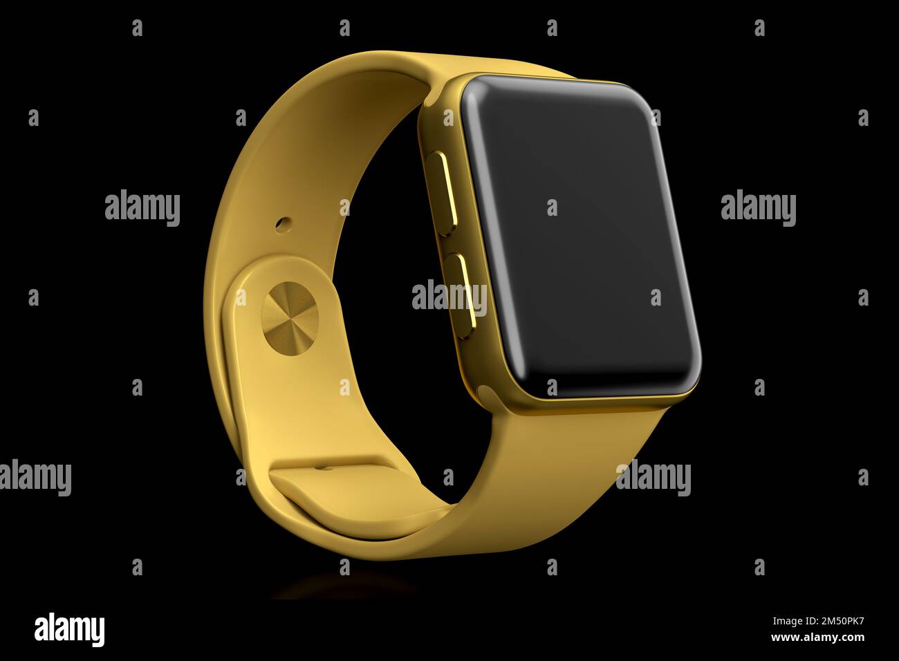 Reloj inteligente dorado inoxidable con correa amarilla aislada sobre fondo negro. 3D Concepto de renderizado de dispositivo portátil de salud y fitness tracker Foto de stock