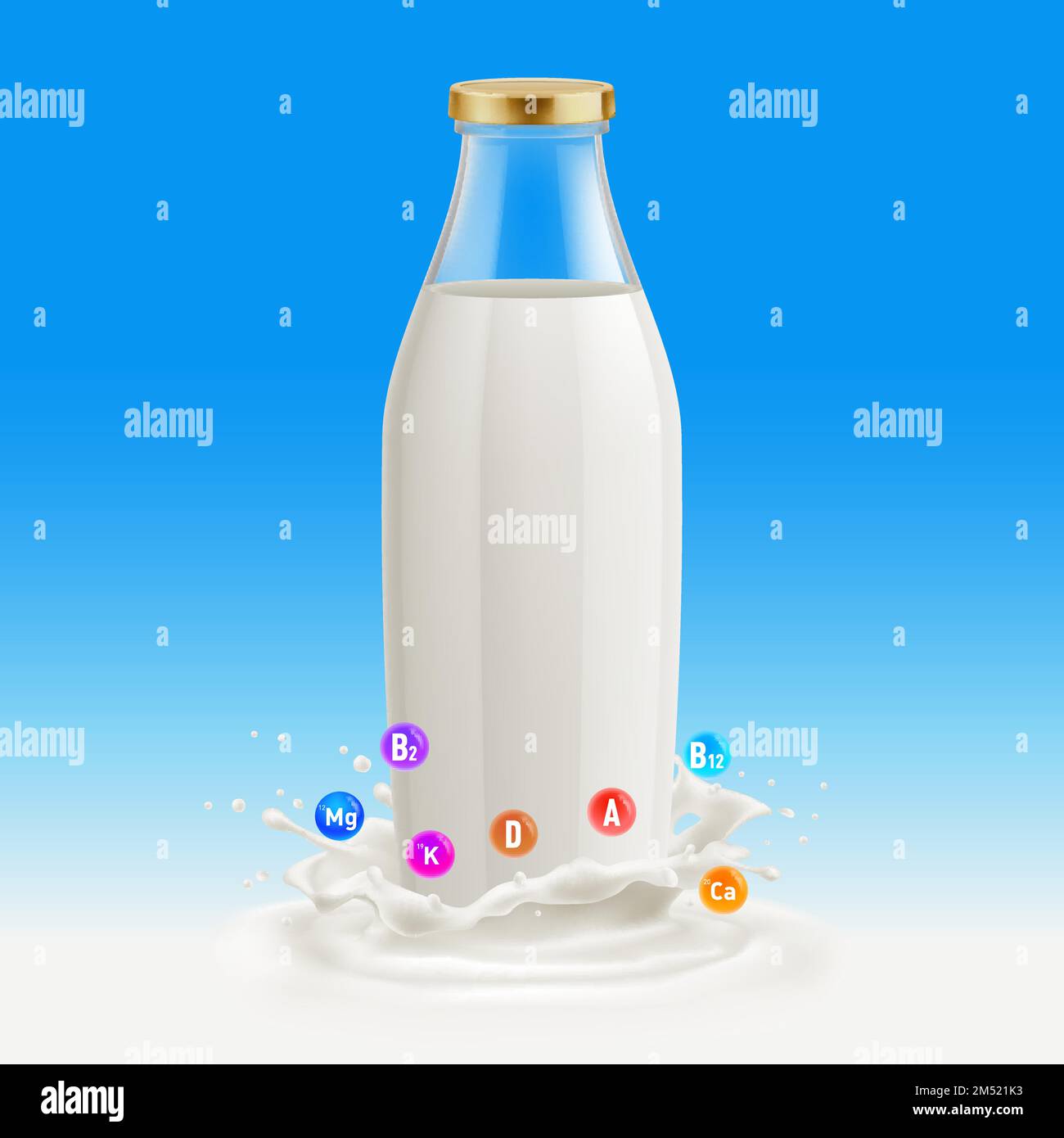 Paquete de leche blanca Embalaje Botella de vidrio. Ilustración aislada sobre fondo azul. Útil y Vitaminas Plantilla con Splash Ilustración del Vector