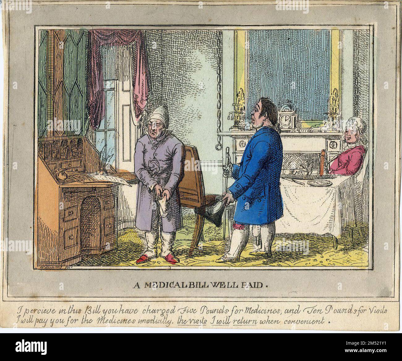 Uno de los cuatro grabados de Charles Williams que tratan sobre las relaciones médico-paciente y el pago de servicios, alrededor de 1823. Foto de stock