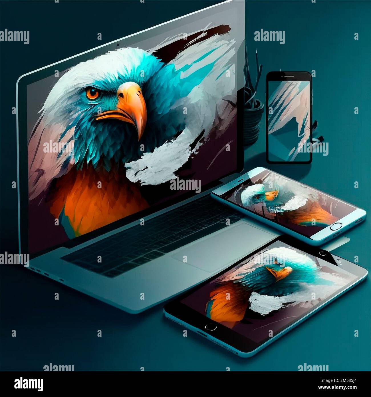 El águila sale del teléfono, tableta, computadora portátil. Diseño,  gráficos Fotografía de stock - Alamy