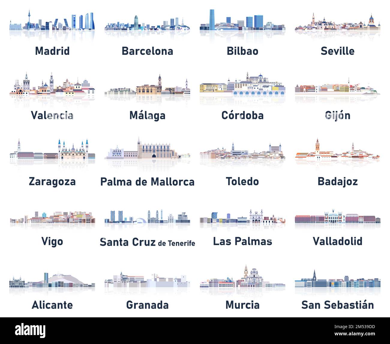 Ciudades de España skylines en tonos fríos suaves paleta de colores conjunto de vectores. Estilo de estética cristalina Ilustración del Vector