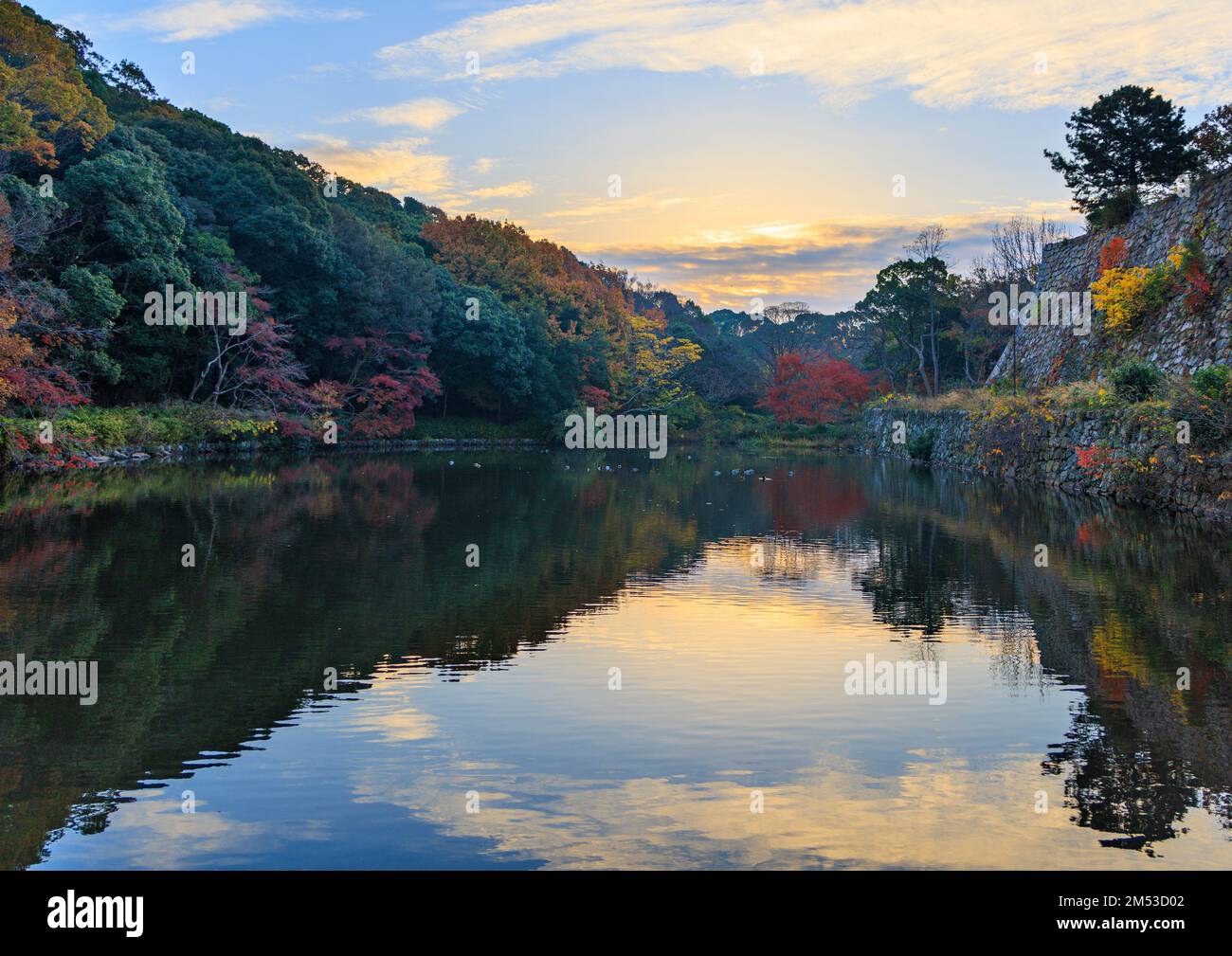 Salida del sol sobre el estanque tranquilo con hermosos colores de otoño en el parque del castillo Foto de stock
