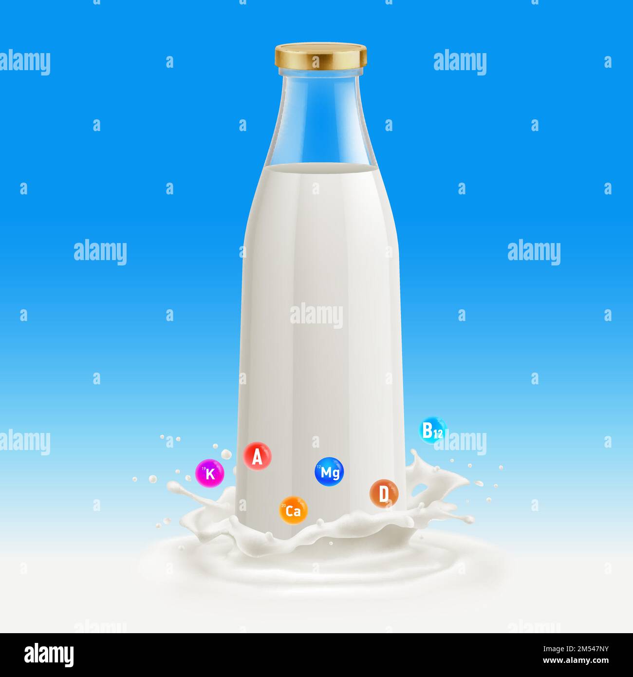 Botella de leche aislada sobre fondo azul. Botella de vidrio con leche. Tradicional botella de leche de vidrio de estilo antiguo. Útil y Vitaminas Plantilla con Splash Ilustración del Vector