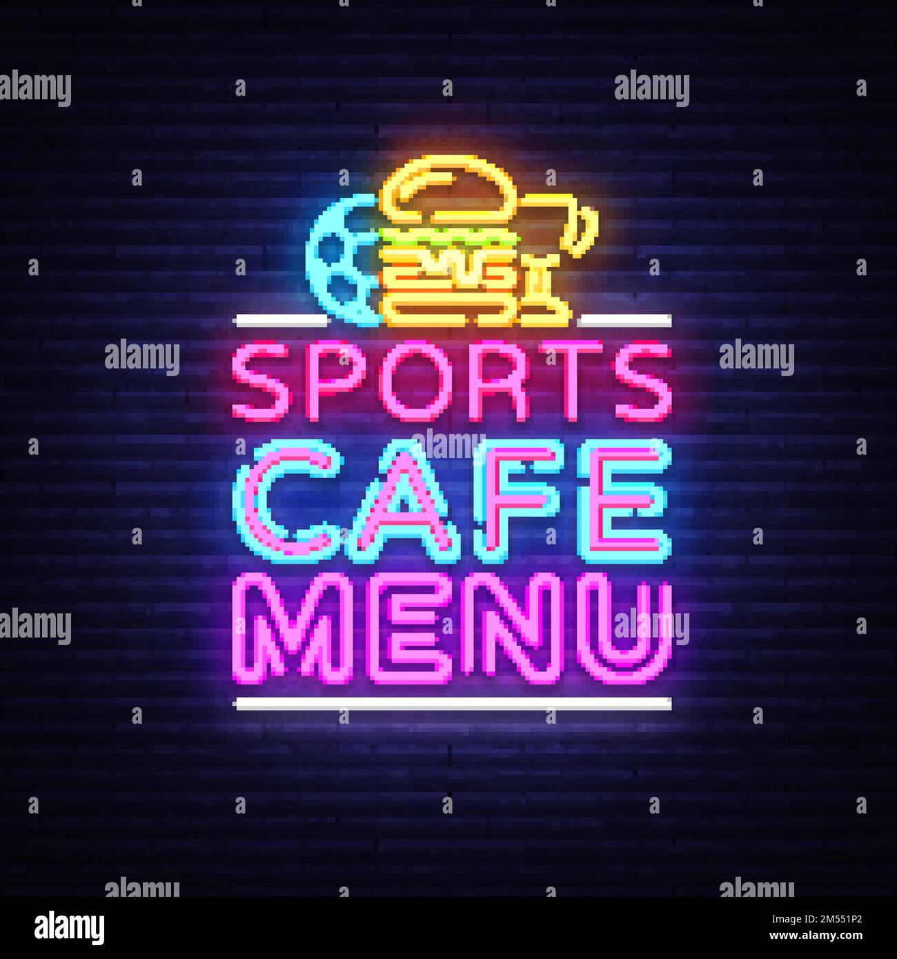 Sports Café Menú vector de signo de neón. Símbolo de menú de café deportivo, logotipo de neón