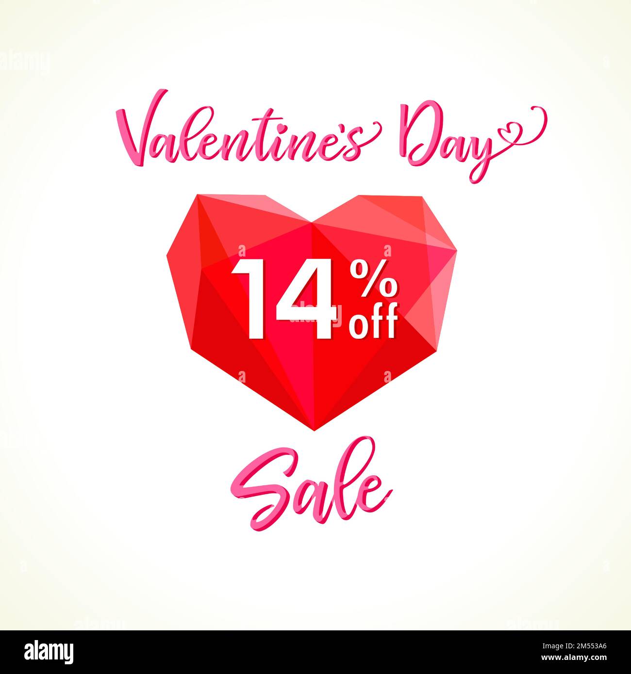 Icono de la venta del día de San Valentín feliz, 14 por ciento de descuento. Forma de corazón de rubí de vidrio manchado, logotipo rojo de 3D Ilustración del Vector