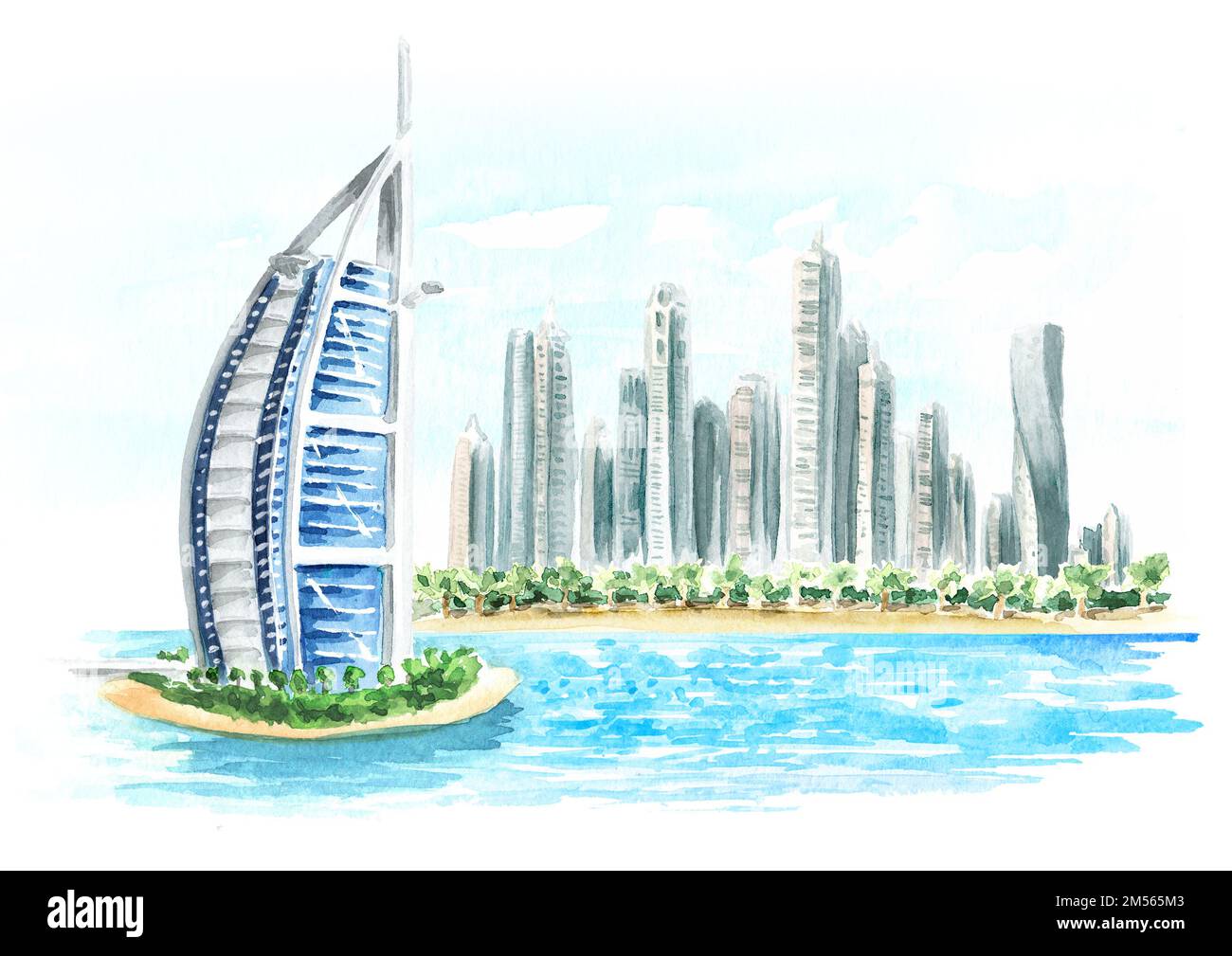 Playa Burj al arab y Marina. Dubai, Emiratos Árabes Unidos. Ilustración de acuarela dibujada a mano aislada sobre fondo blanco Foto de stock