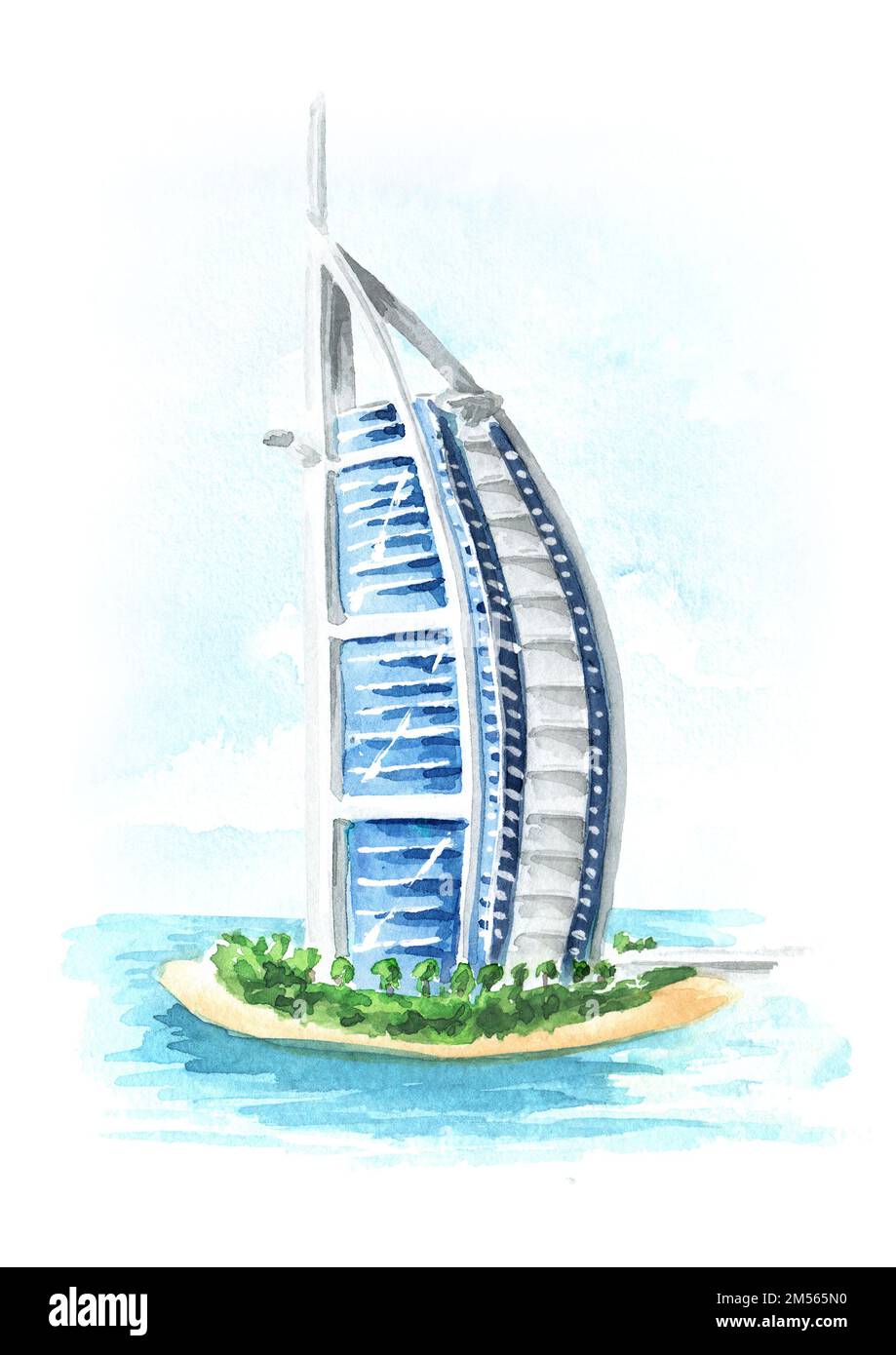 Hotel Burj al arab. Dubai, Emiratos Árabes Unidos. Ilustración de acuarela dibujada a mano aislada sobre fondo blanco Foto de stock