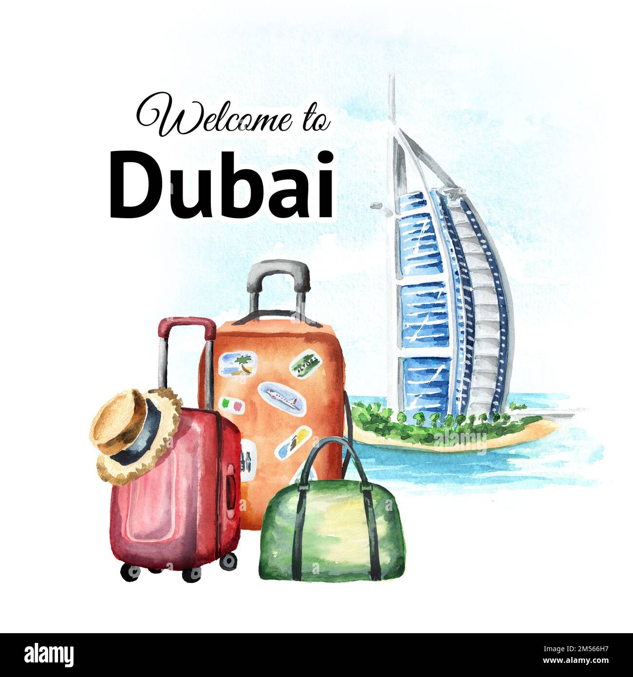 Bienvenido a Dubai card, Emiratos Árabes Unidos. Burj al arab y maletas de viaje. Ilustración de acuarela dibujada a mano aislada sobre fondo blanco Foto de stock