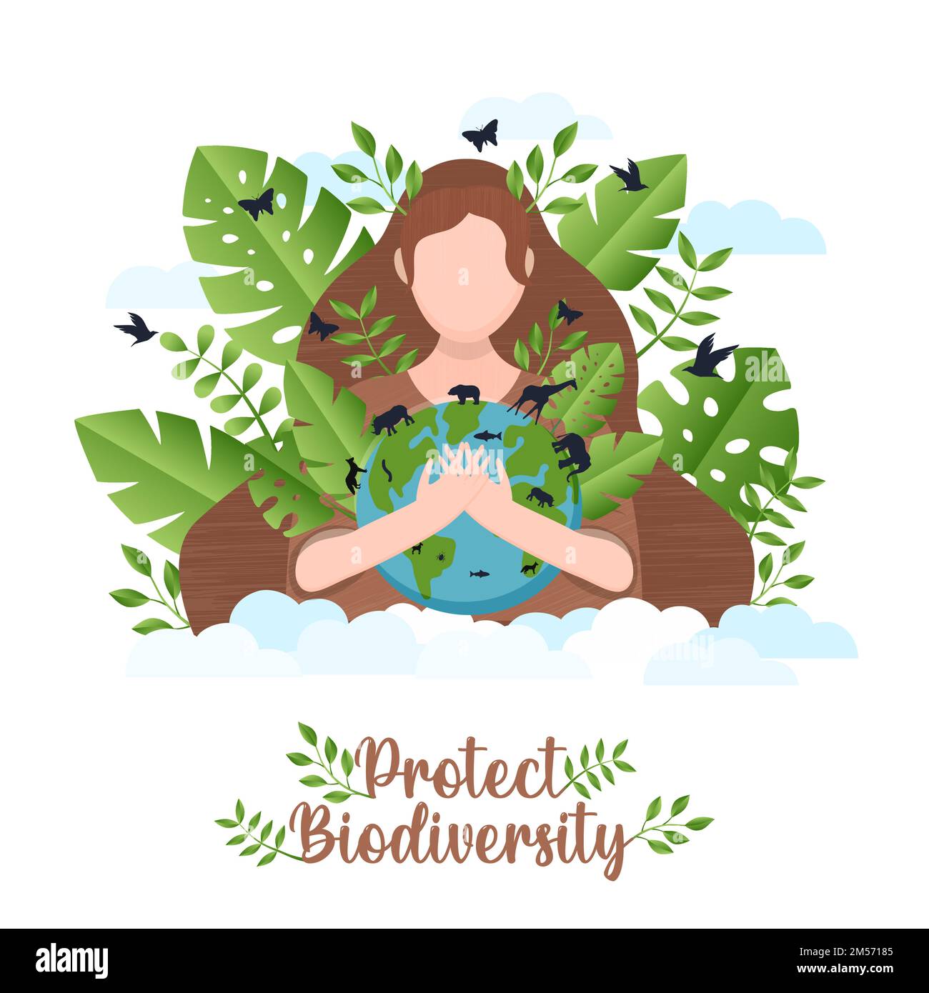 Proteger la diversidad ilustración del carácter de la mujer abrazando el planeta tierra con animales salvajes y hojas de plantas verdes. Cuidado de la naturaleza global o campamento ecológico Ilustración del Vector