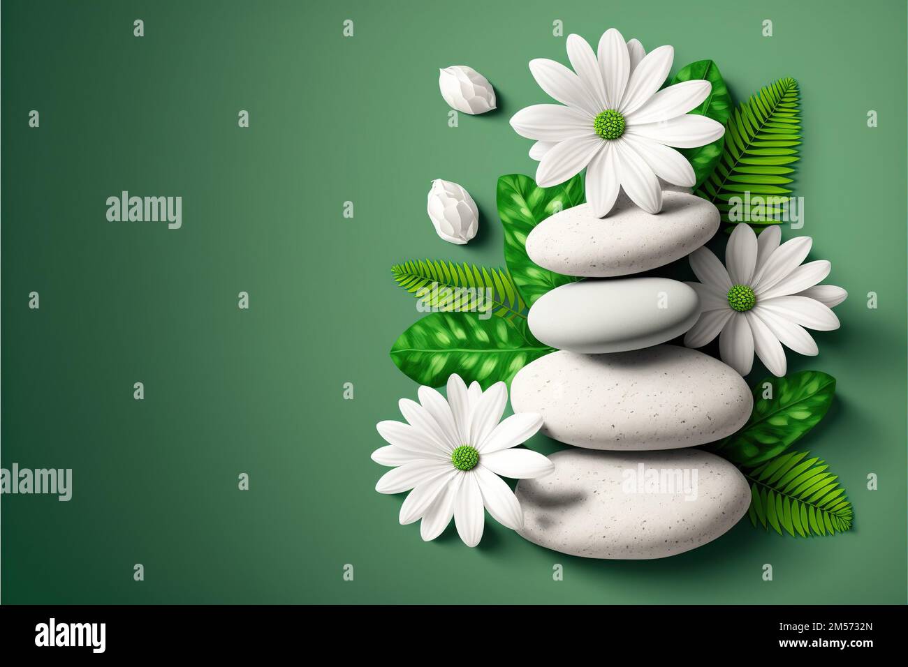 Una ilustración generada por IA de piedras y flores sobre un fondo verde -  concepto de relajación Fotografía de stock - Alamy